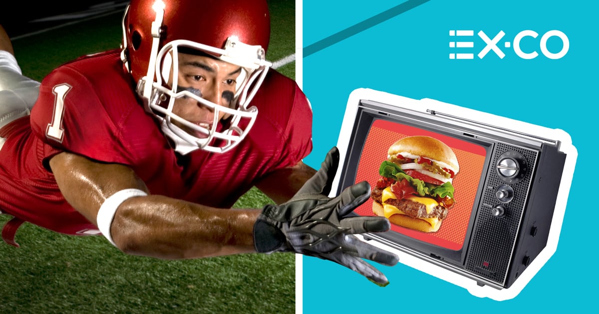 super bowl football player grabs old tv with burger ad playing